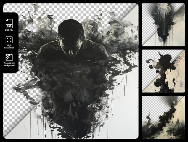 abstract monochrome painting with human silhouette on transparent background