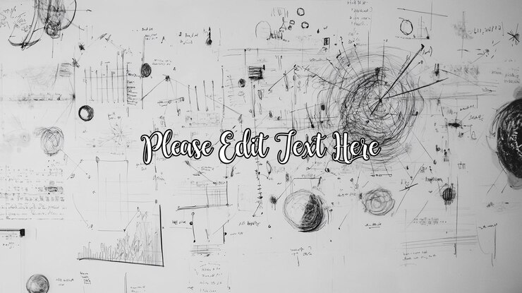 PSD abstract monochrome wall drawing with chaotic lines circles and geometric shapes