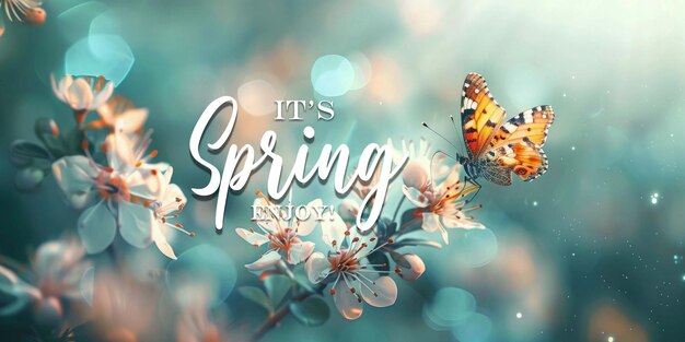 PSD abstract nature spring template with spring flower and butterfly