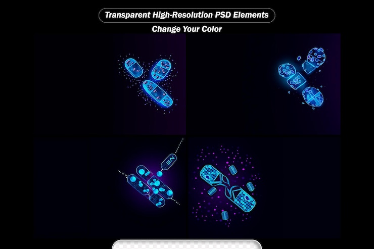 PSD abstract neon capsule pill with molecules the concept of medicine