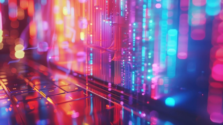 PSD abstract neon lights emanating from a laptop keyboard creating a futuristic and colorful digital backdrop
