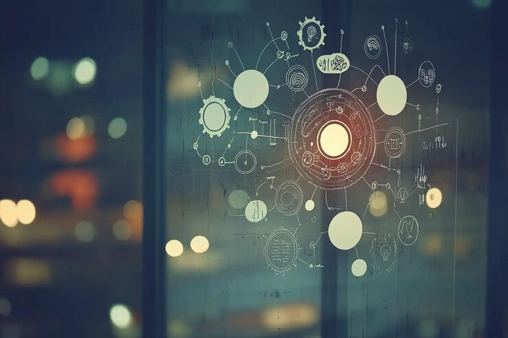 PSD abstract network diagram on glass window at night