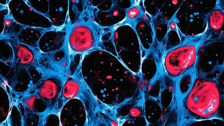 PSD abstract network of glowing blue lines and red pink cells on black background