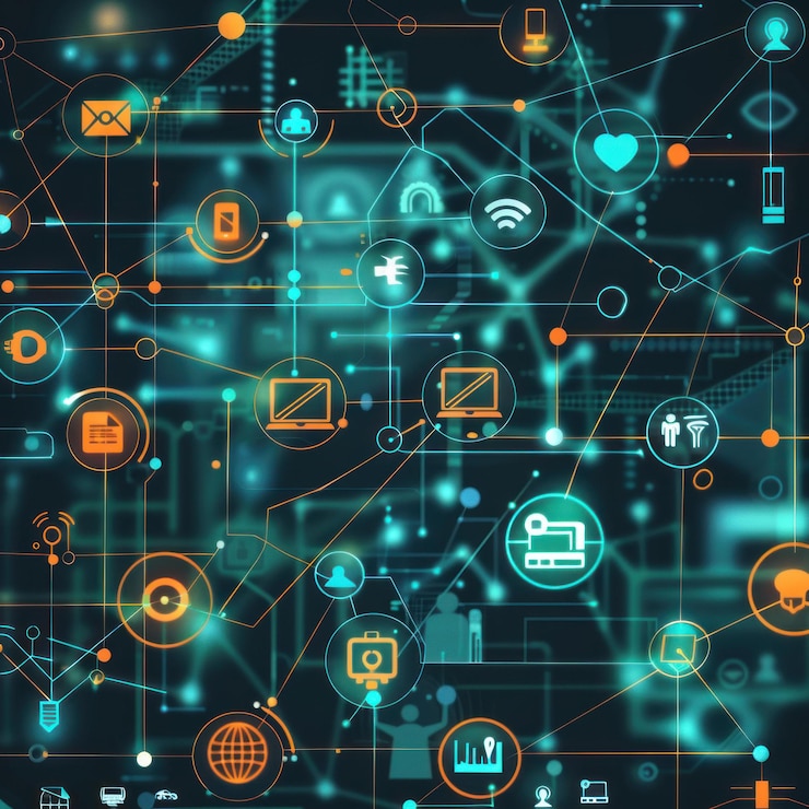 PSD abstract network graphic showing interconnected global communication and technology