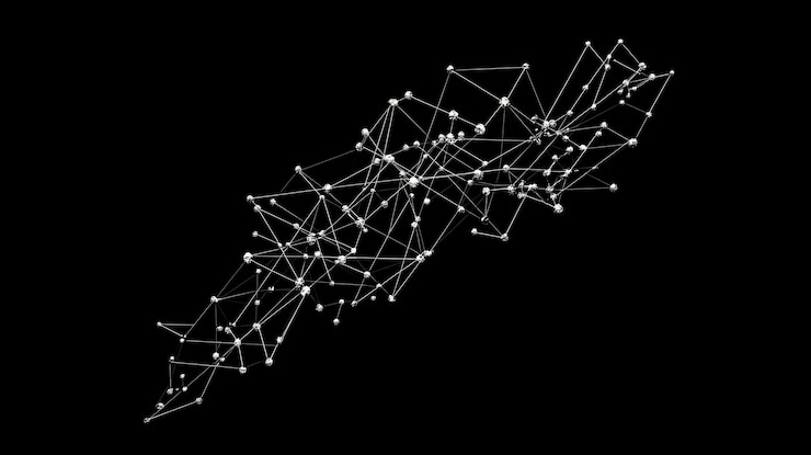 PSD abstract network of interconnected nodes and lines on black background