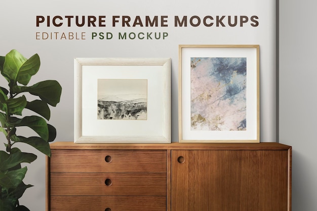 PSD abstract paint in a picture frame mockup on the dark green wall