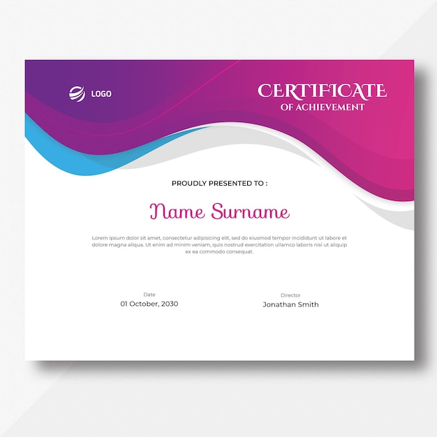 Abstract pink purple and blue waves certificate template design