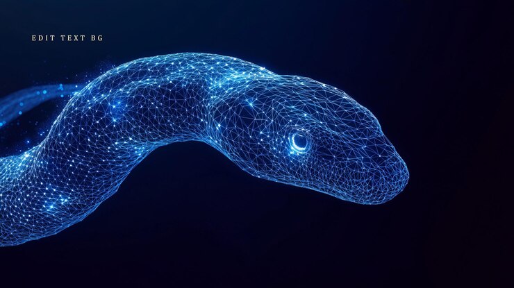 PSD abstract polygonal snake glowing blue lines and nodes on dark background