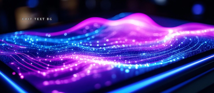 PSD abstract purple and blue glowing wave particles on a tablet screen