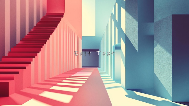 PSD abstract red and blue architectural interior with stairs and sunlight