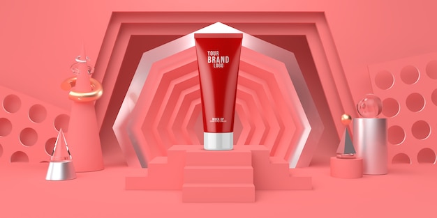 PSD abstract red display podium with geometric shape pastel color cosmetic template 3d render