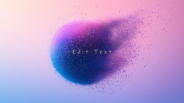 abstract sphere disintegrating into colorful particles against a soft pink and blue gradient background