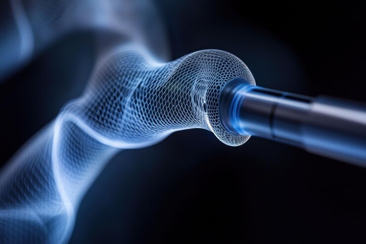 PSD abstract swirling blue smoke emanating from a metallic device against a black background