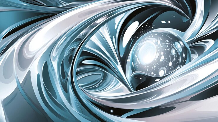 PSD abstract swirling metallic blue and white fractal sphere