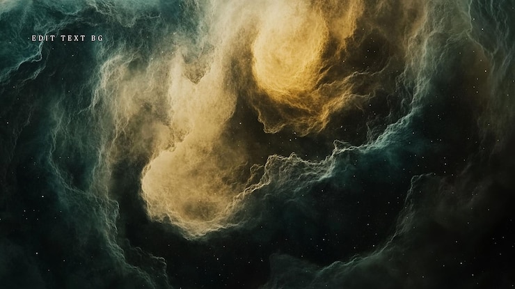PSD abstract swirling nebula in teal and gold hues cosmic dust and gas