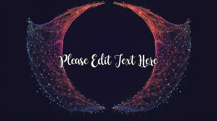 PSD abstract symmetrical artwork with vibrant interconnected particles forming a circular frame against a dark background