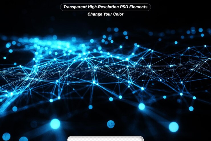 PSD abstract tangle of lines onblue background particle placement with hanging dots in space