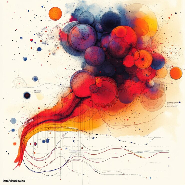 PSD abstract watercolor painting with red orange and blue circles and lines on a white background