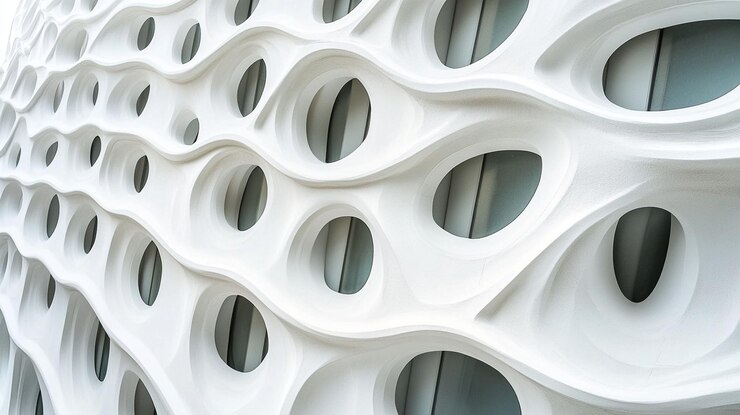 PSD abstract white building facade with wavy pattern and circular windows