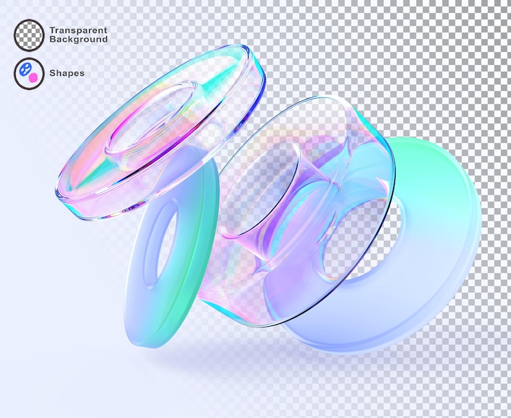 PSD abstracte 3d-achtergrond met transparante glanzende en glazen morfisme ringen kristal geometrische vormen met regenboog kleur gradiënt textuur holografische cirkelvormige neon vervaagde dynamische elementen