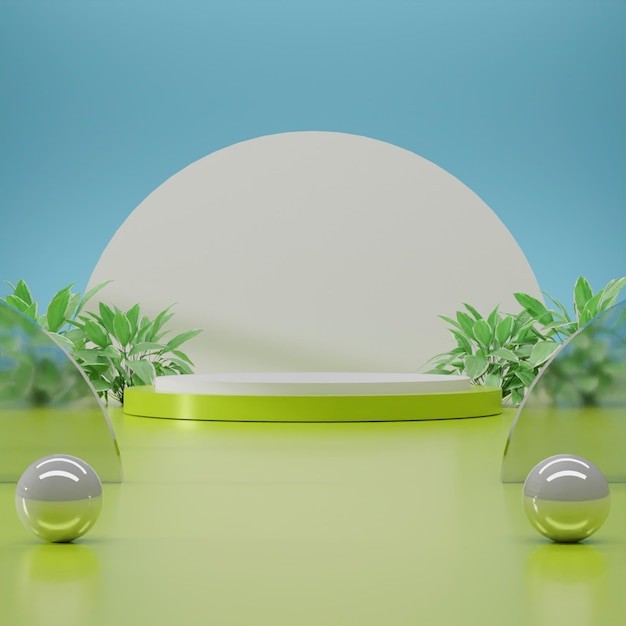 Abstracte groene geometrie vorm achtergrond. witte podium minimalistische mock-up scene. 3D-rendering ontwerp