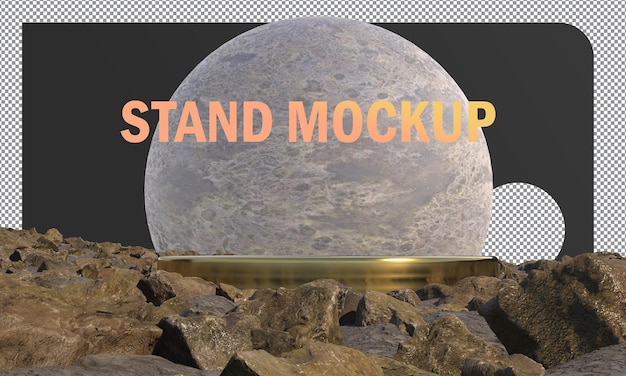 abstracte mock-ups staan gouden metalen cirkel omringd door rotsen op maan achtergrond