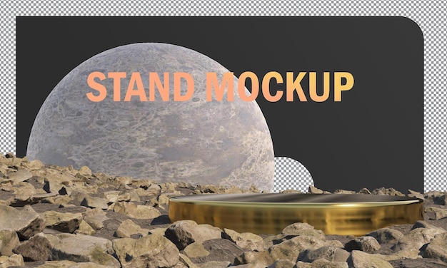 abstracte mock-ups staan gouden metalen cirkel omringd door rotsen op maan achtergrond