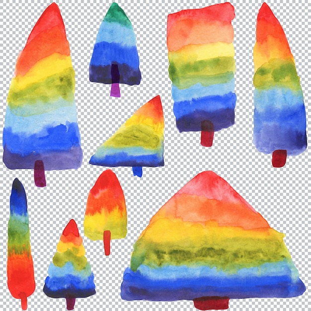 Abstracte regenboogboom voor kerstmis. aquarel veelkleurige elementen van verschillende geometrische vormen