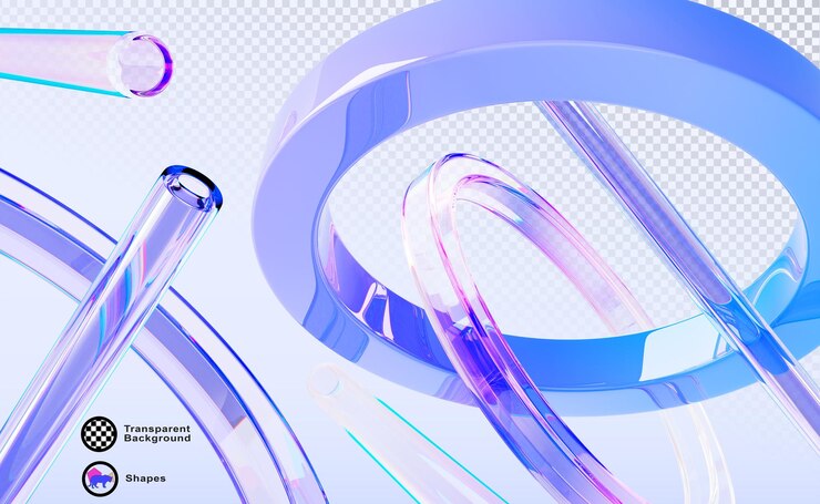 PSD abstrakcyjne szklane holograficzne płynne przezroczyste tło z latającymi geometrycznymi kształtami 3d renderują nieonowy gradient kryształowy i metalowy krąg pierścienie i rury baner technologiczny cyfrowy