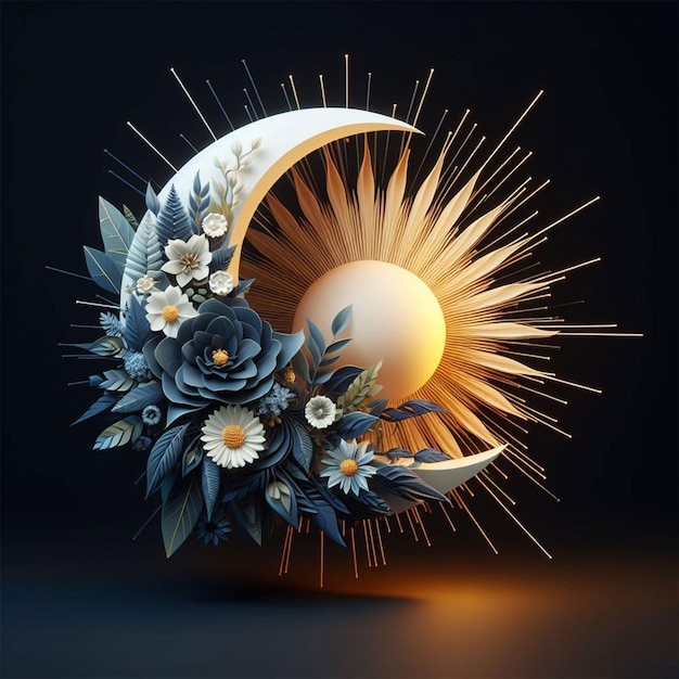 PSD abstrakcyjny kształt 3d pół słońca pół księżyca liście i kwiaty wbudowane emitujące światło