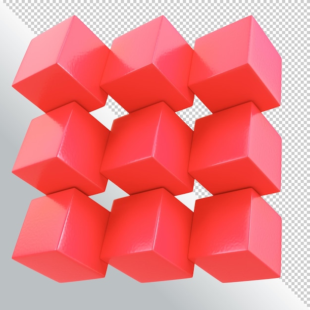 Abstraktit geometriset muodot punaisilla kuutioilla eristettynä läpinäkyvällä taustalla