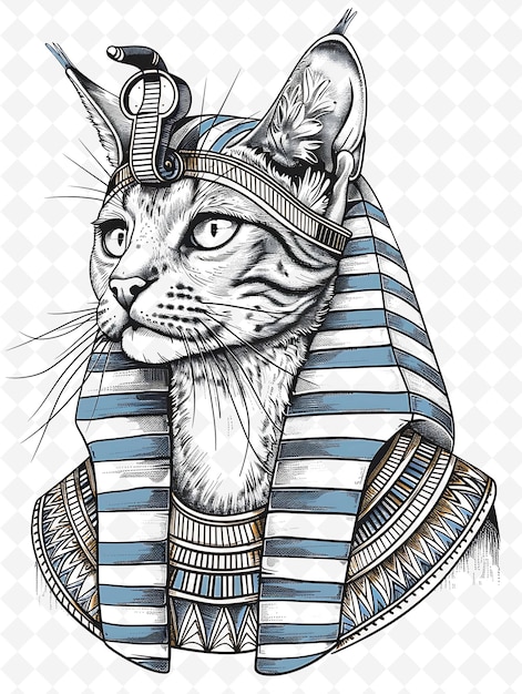 PSD Абиссинская кошка в головном уборе фараона, выглядящая как королевские и экзотические животные, эскизные художественные векторные коллекции