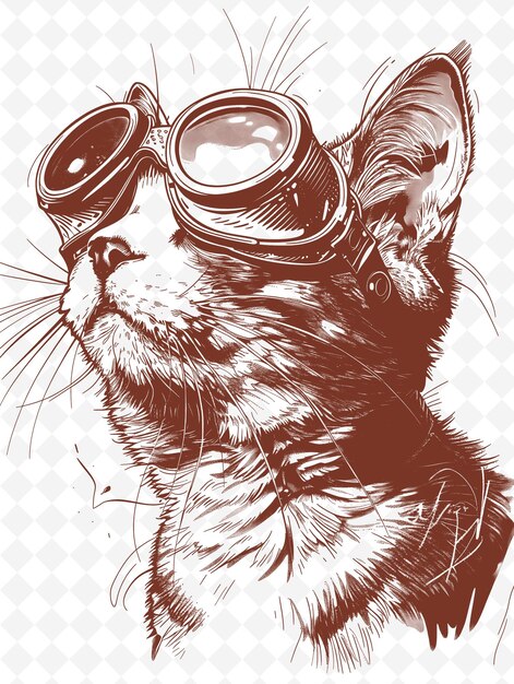 PSD abyssinian cat wearing aviator goggles with an adventurous e animals sketch art vector collections