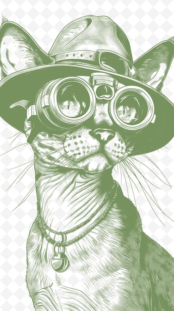 PSD abyssinian cat with a jungle explorer hat and binoculars loo animals sketch art vector collections