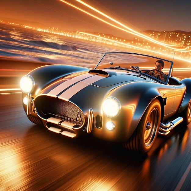 PSD ac cobra us car png cruising on the road in the sunset on transparent background