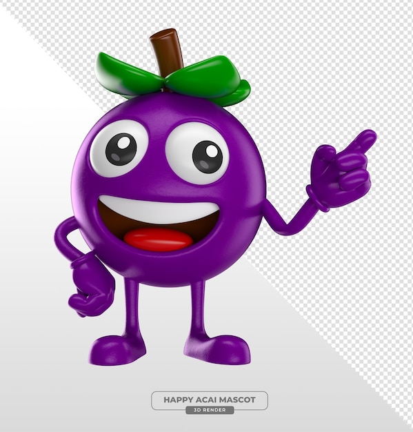 Acai Berry Mascot Pointing Cartoon 3D Render z przezroczystym tłem
