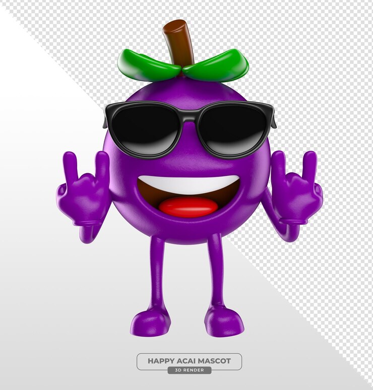 PSD acai berry mascot rock gesture with sunglasses cartoon 3d render with transparent background