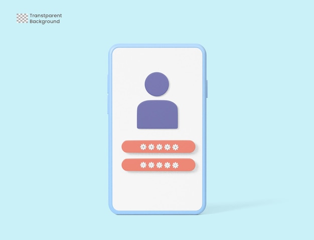 PSD account login and password form on smartphone app 3d render