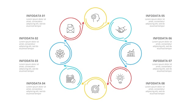 Acht cirkels met pijlen voor dunne lijn infographic Zakelijke presentatie met 8 stappen