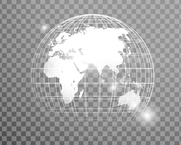 Achtergrond met wit wireframe van de planeet Aarde, wereldbol en transparante achtergrond