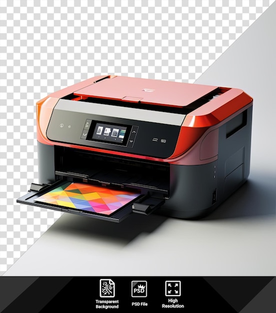 PSD achtergrond printer een kleurrijke printer met een rood wit en blauw kleurenschema omringd door een stapel papieren en een pen op een houten tafel