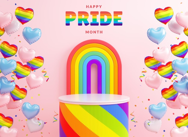 Achtergrondsjabloon voor Pride Month-banner met productstand en LGBTQIA-viering in 3D renderen