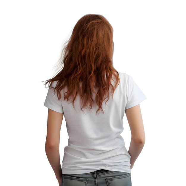 PSD achterzijde van jonge mooie roodharige vrouw in blank wit t-shirt geïsoleerd op witte achtergrond