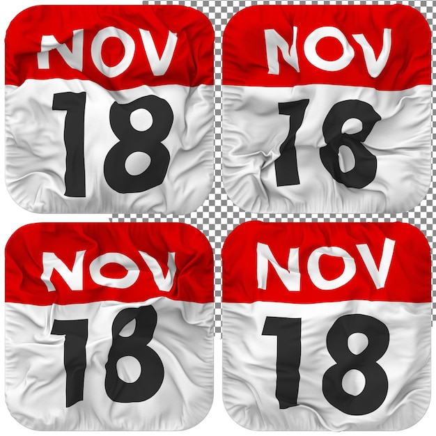 PSD achttiende 18 november datum kalender icoon geïsoleerd vier zwaaiende stijl bump textuur 3d rendering