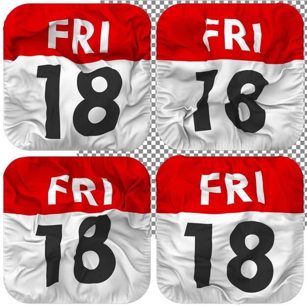 PSD achttiende 18e vrijdag datum kalenderpictogram geïsoleerd vier zwaaiende stijl bump textuur 3d rendering