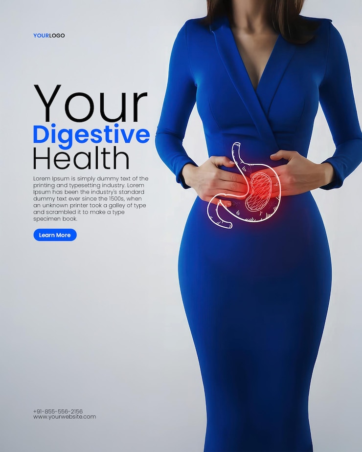 PSD acid reflux ulcerative colitis poster template with woman in blue dress clutching her glowing stomach on white background