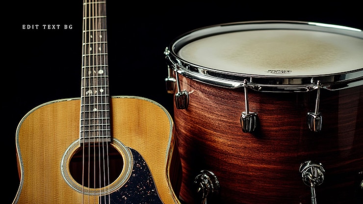 PSD acoustic guitar and bass drum on black background