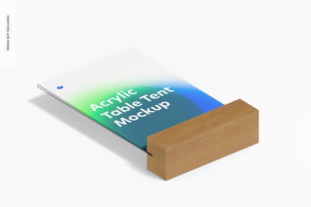 Acrylic table tent with wood base mockup, isometric view