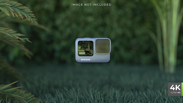 PSD 잎 잔디 3d 렌더가 있는 정원의 액션 카메라 화면 모형
