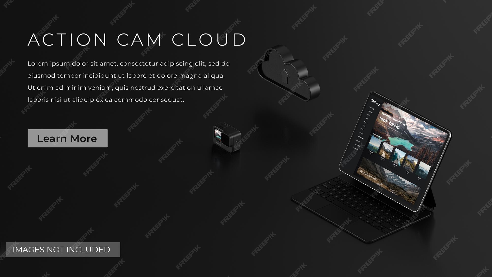 Premium PSD | Action Camera With Cloud Photos Server And Laptop.